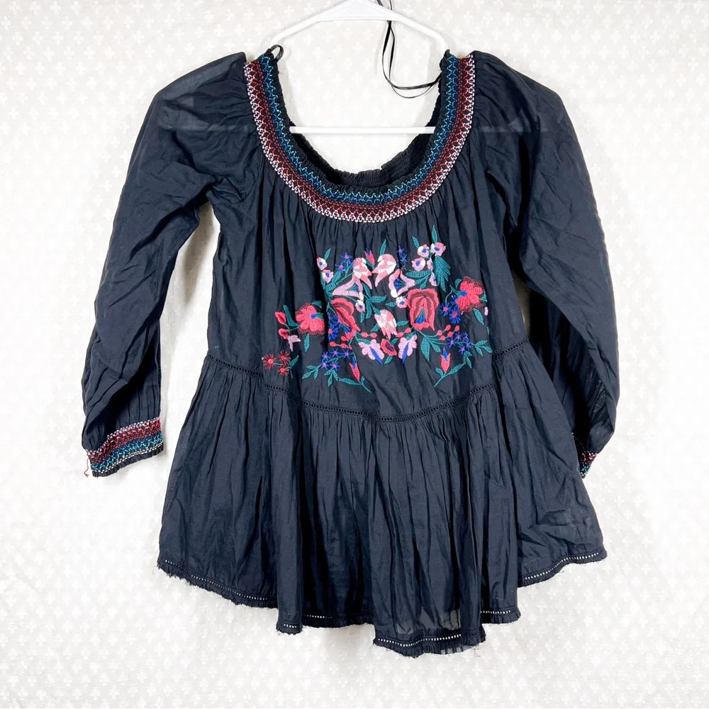 Free People‎ Black Pink Embroidered Floral Off The Shoulder Top